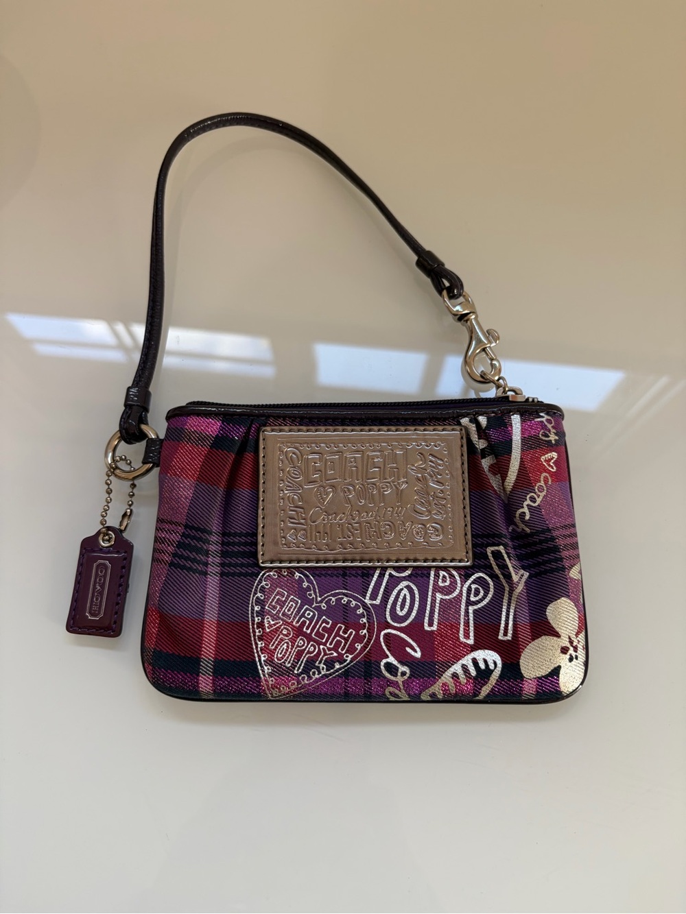Y2K Coach Poppy Rare Purple Plaid Wristlet with hearts